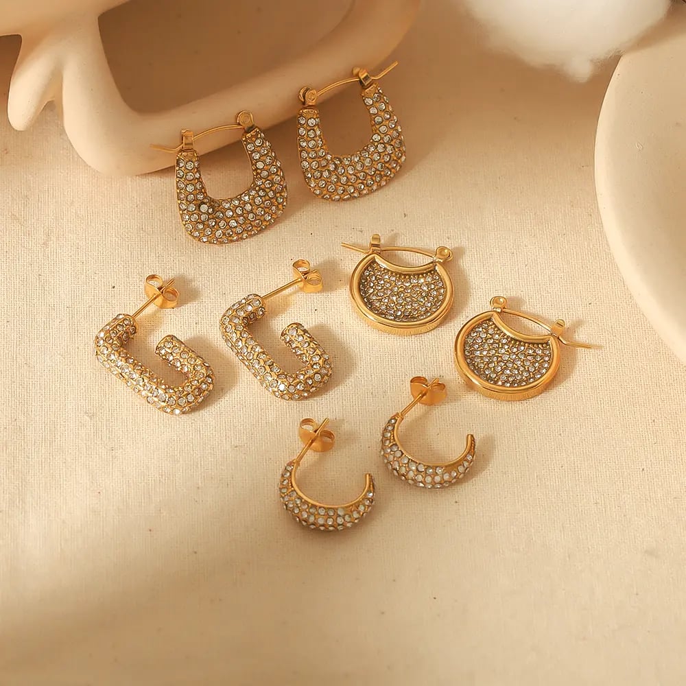 1 pair luxurious series retro geometric  gold plated rhinestone women hoop earrings